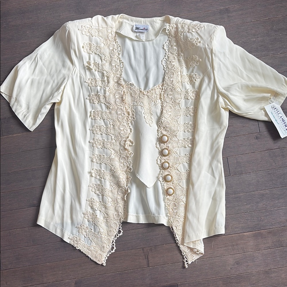 Source Unknown Cream Lace-Trim Short Sleeve Blouse